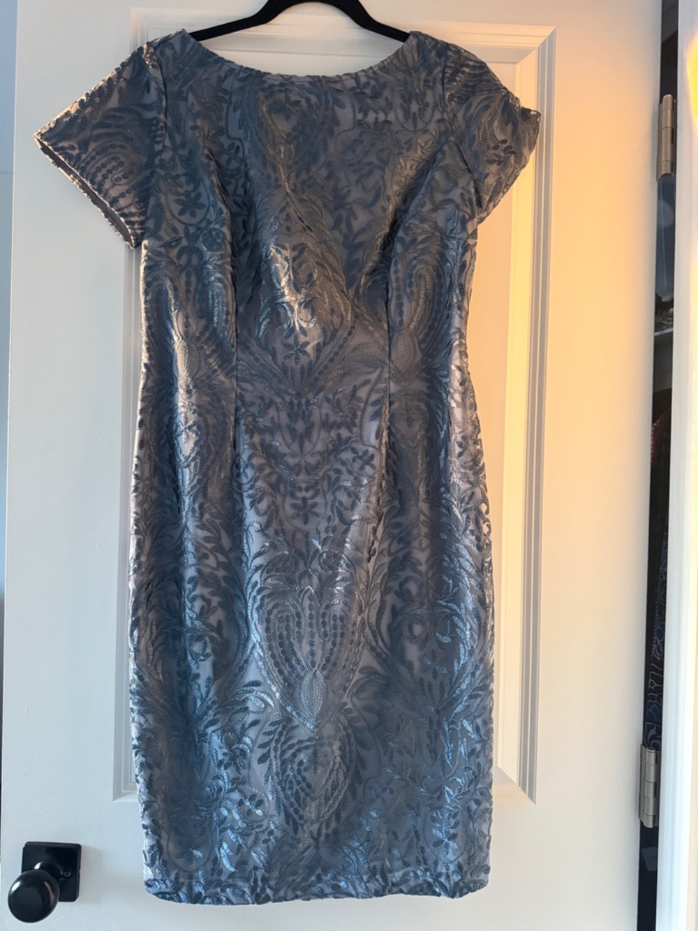 JS Collections Metallic Blue Jacquard Midi Dress